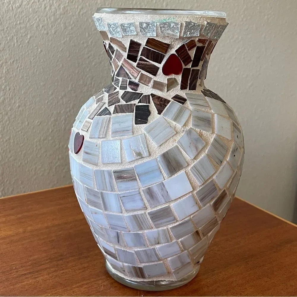 Handmade Mosaic Vase Heart Shaped Design Red Silver Cream